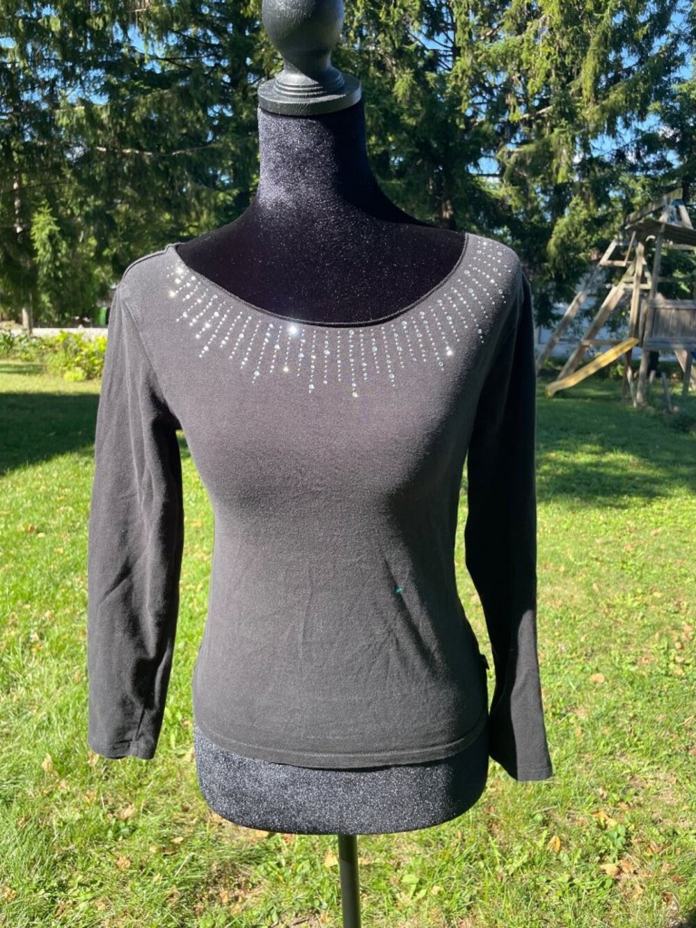 Vintage Y2K Limited Too Long Sleeve Top Mini Rhinestones Stretch Black Goth S